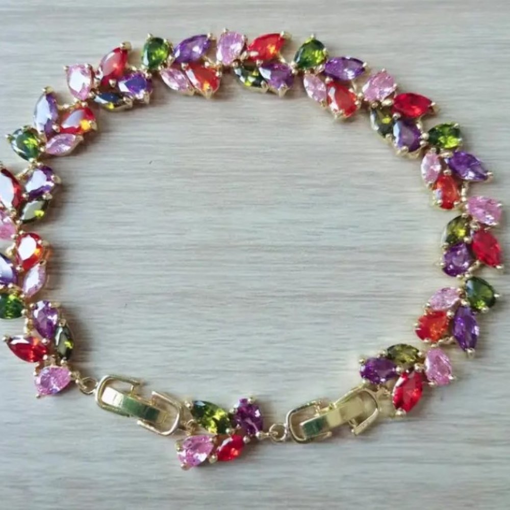18K Gold Plated Rainbow Zircon Tennis Bracelet Colorful Crystal Link 8.27" - Picture 5 of 6